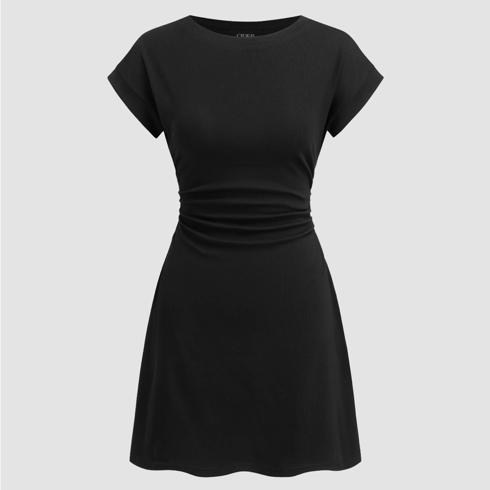 COTTON-BLEND ROUND NECKLINE RUCHED MINI DRESS MEDIUM CIDER